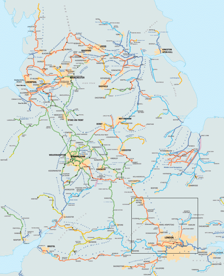 Map of canal system with holiday area marked